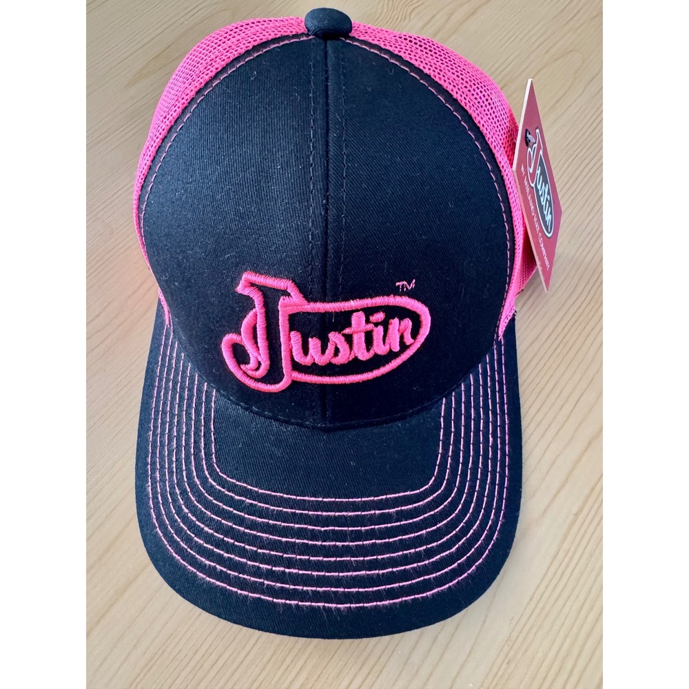 Justin Boots Trucker Hat Black Neon Pink Snapback Logo Baseball Cap NWT